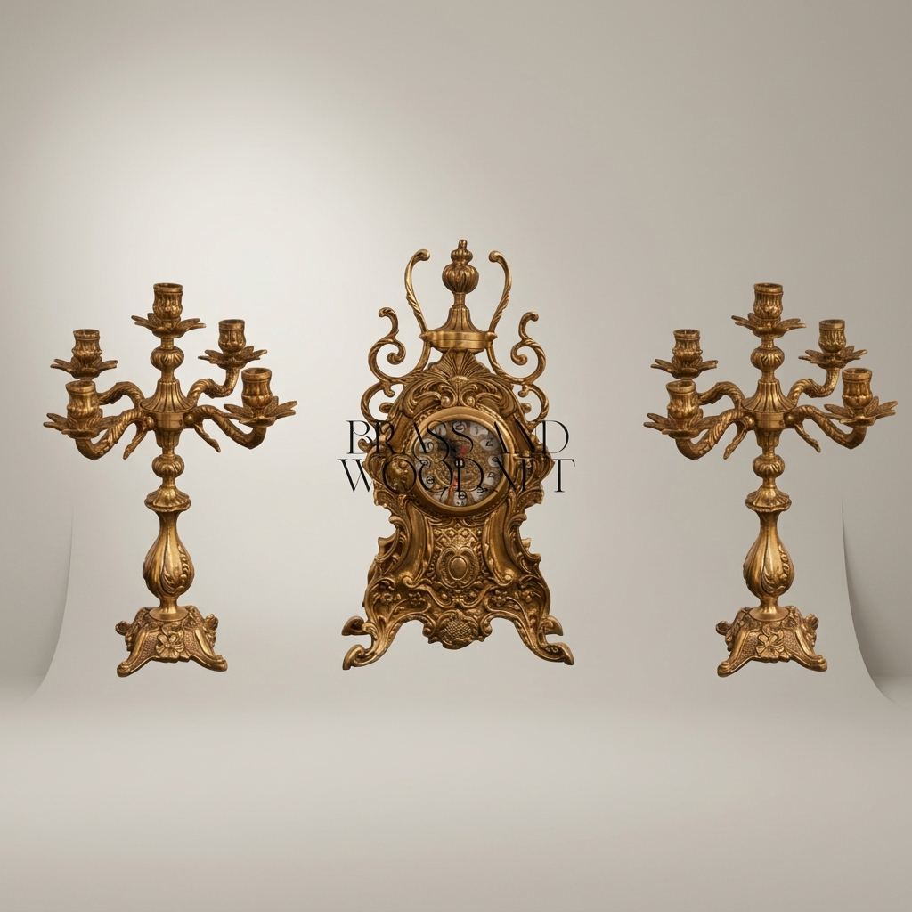 Baroque Brass Mantel Clock & Five-Arm Candelabra Set - Scrollwork Rocaille — Antique Gold