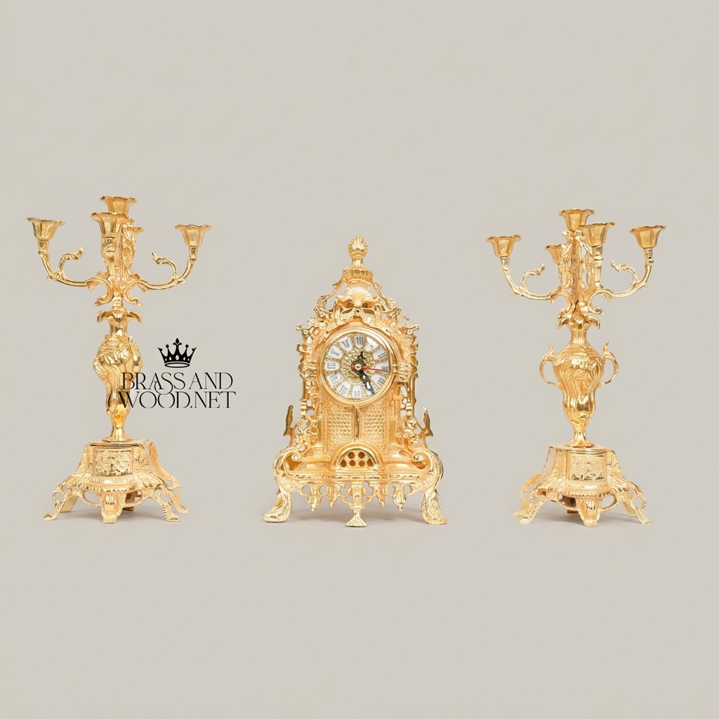 Baroque Brass Mantel Clock & Five-Arm Candelabra Set - Openwork Filigree Arch Case — Gold