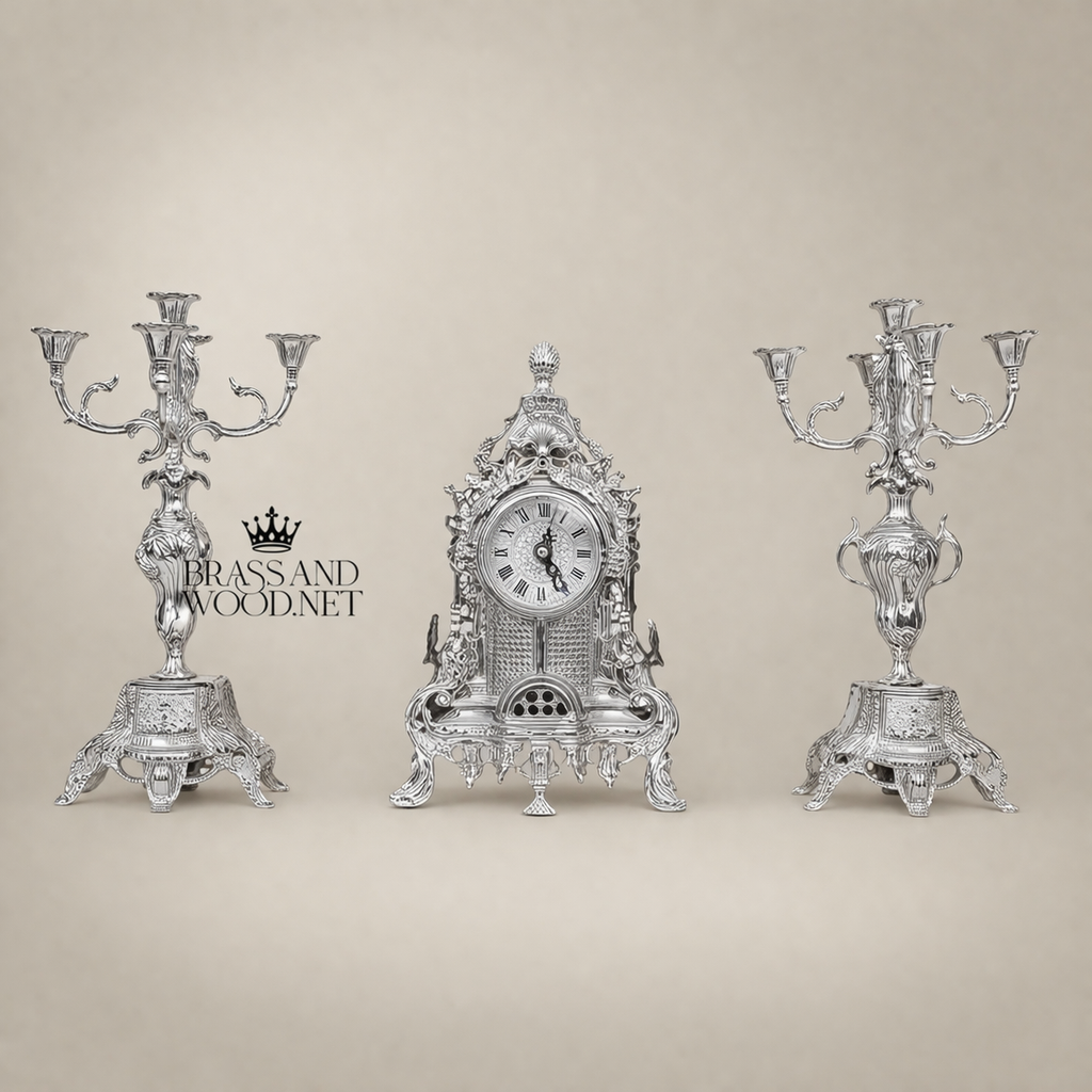 Baroque Brass Mantel Clock & Five-Arm Candelabra Set - Openwork Filigree Arch Case — Silver