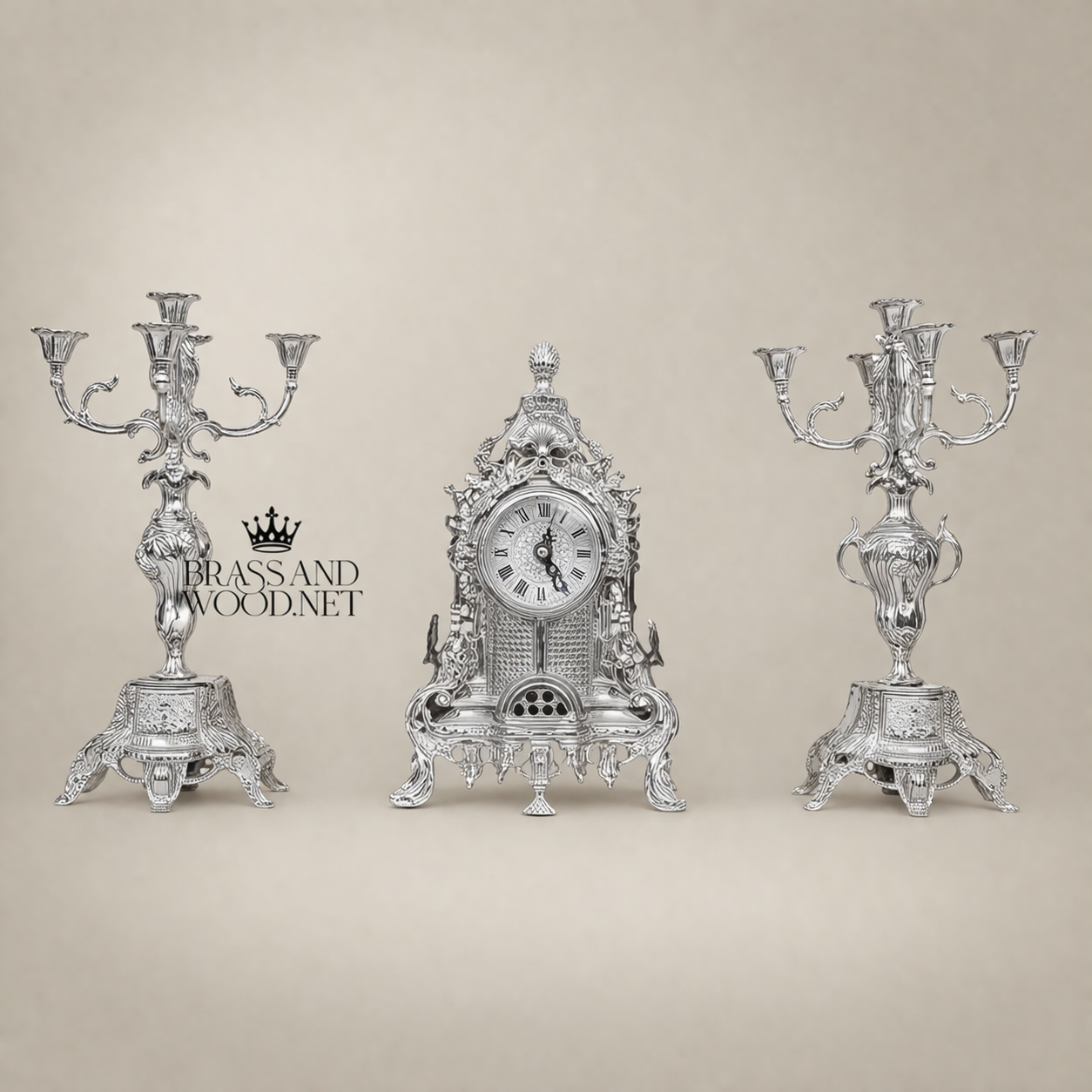 Baroque Brass Mantel Clock & Five-Arm Candelabra Set - Openwork Filigree Arch Case — Silver