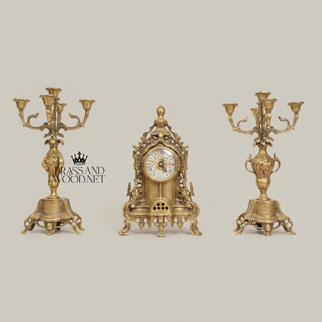 Baroque Brass Mantel Clock & Five-Arm Candelabra Set - Openwork Filigree Arch Case — Antique Gold
