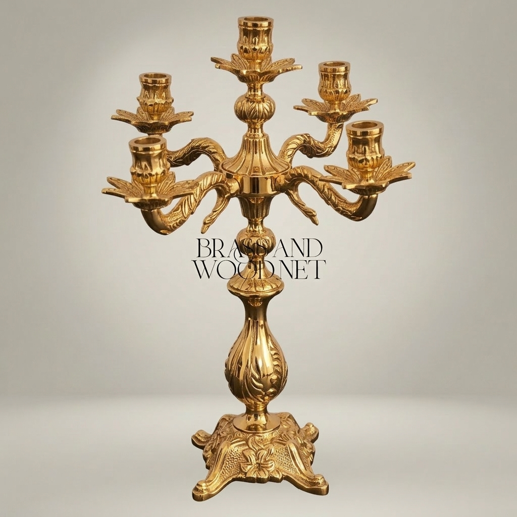 Baroque Brass Mantel Clock & Five-Arm Candelabra Set - Scrollwork Rocaille — Gold