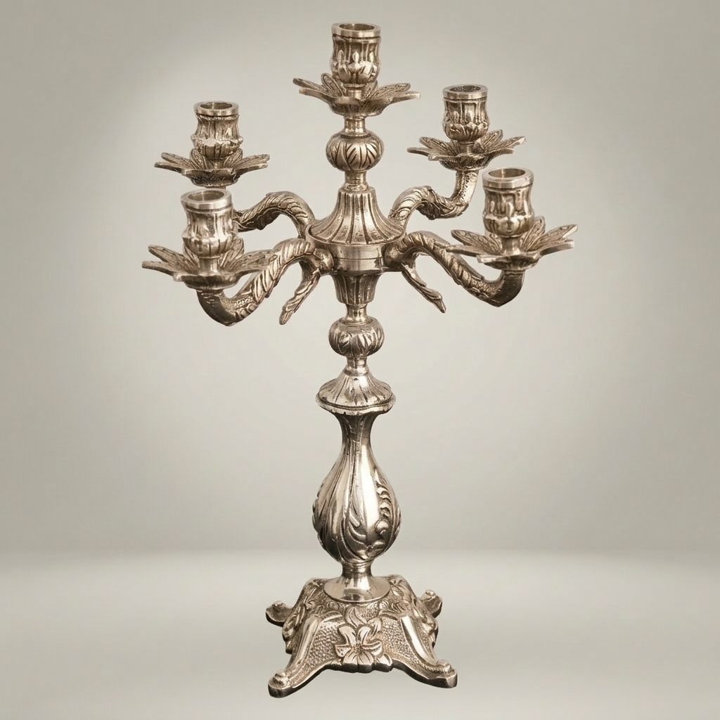 Baroque Brass Mantel Clock & Five-Arm Candelabra Set - Scrollwork Rocaille — Silver