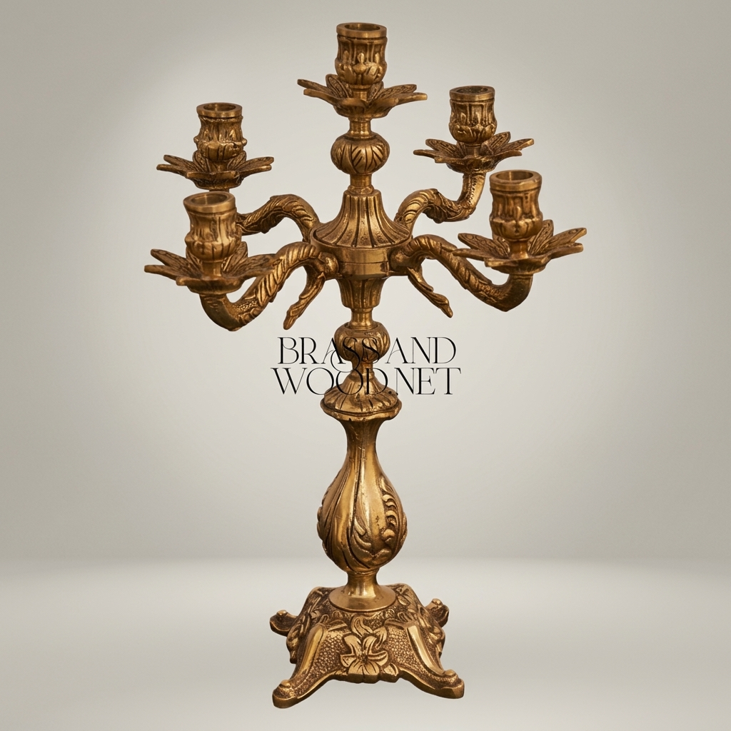 Baroque Brass Mantel Clock & Five-Arm Candelabra Set - Scrollwork Rocaille — Antique Gold