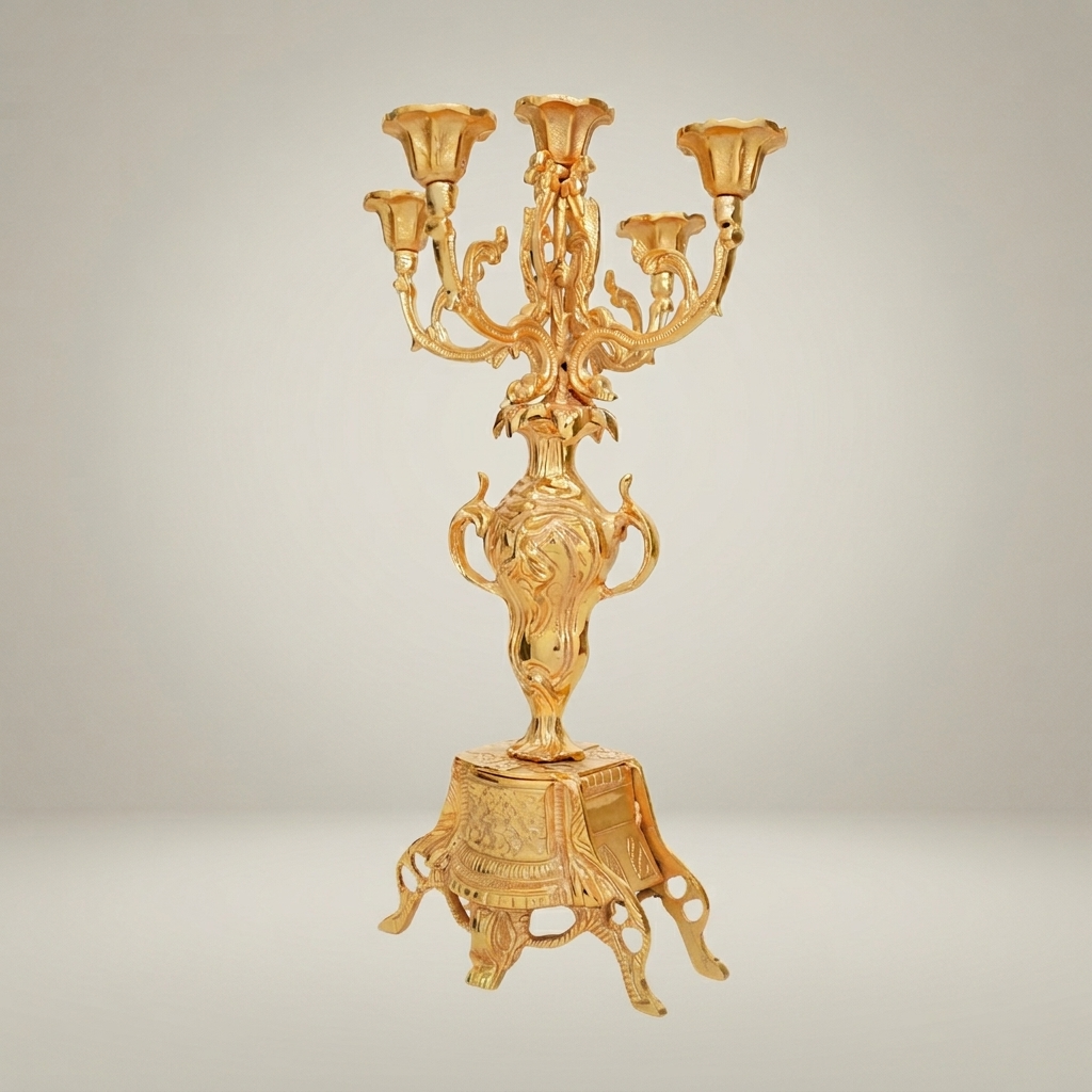 Baroque Brass Mantel Clock & Five-Arm Candelabra Set - Openwork Filigree Arch Case