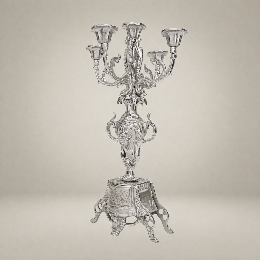Baroque Brass Mantel Clock & Five-Arm Candelabra Set - Openwork Filigree Arch Case — Silver
