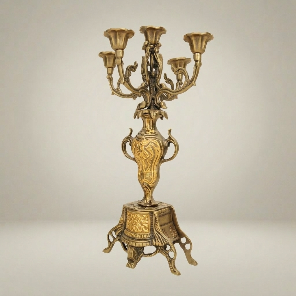 Baroque Brass Mantel Clock & Five-Arm Candelabra Set - Openwork Filigree Arch Case — Antique Gold
