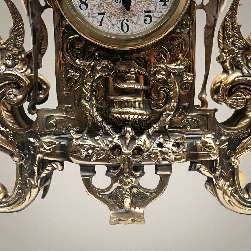 Baroque Brass Mantel Clock Garniture Set with Seven-Arm Candelabra — Griffin & Acanthus — Antique Gold