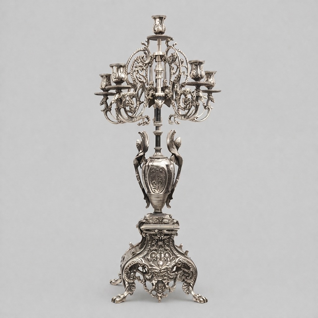 Baroque Brass Mantel Clock Garniture Set with Seven-Arm Candelabra — Griffin & Acanthus — Silver