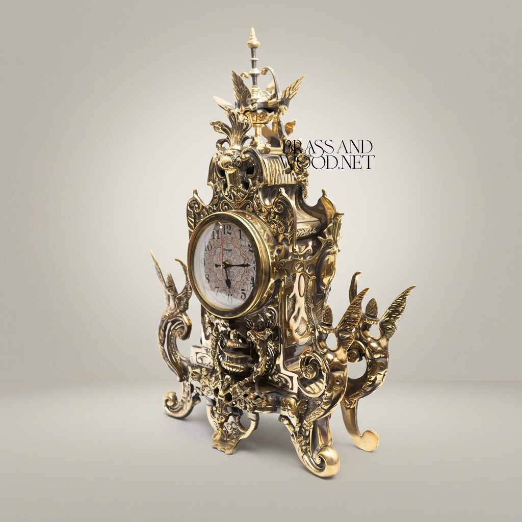 Baroque Brass Mantel Clock Garniture Set with Seven-Arm Candelabra — Griffin & Acanthus — Antique Gold
