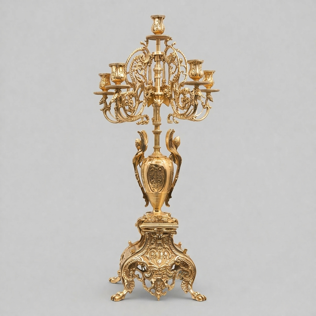 Baroque Brass Mantel Clock Garniture Set with Seven-Arm Candelabra — Griffin & Acanthus — Gold