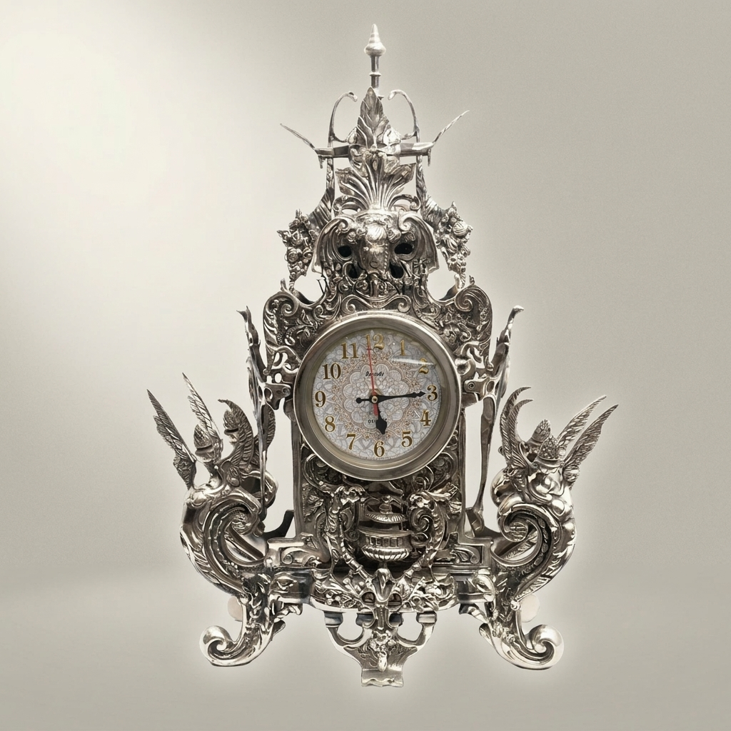 Baroque Brass Mantel Clock Garniture Set with Seven-Arm Candelabra — Griffin & Acanthus — Silver