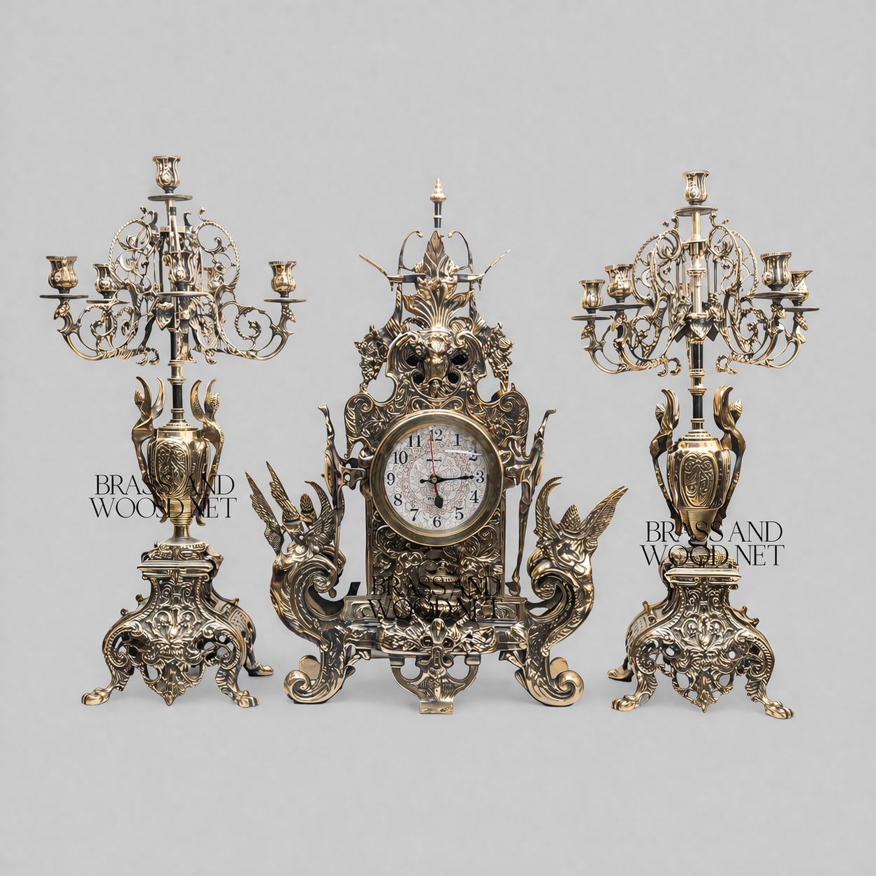Baroque Brass Mantel Clock Garniture Set with Seven-Arm Candelabra — Griffin & Acanthus — Antique Gold