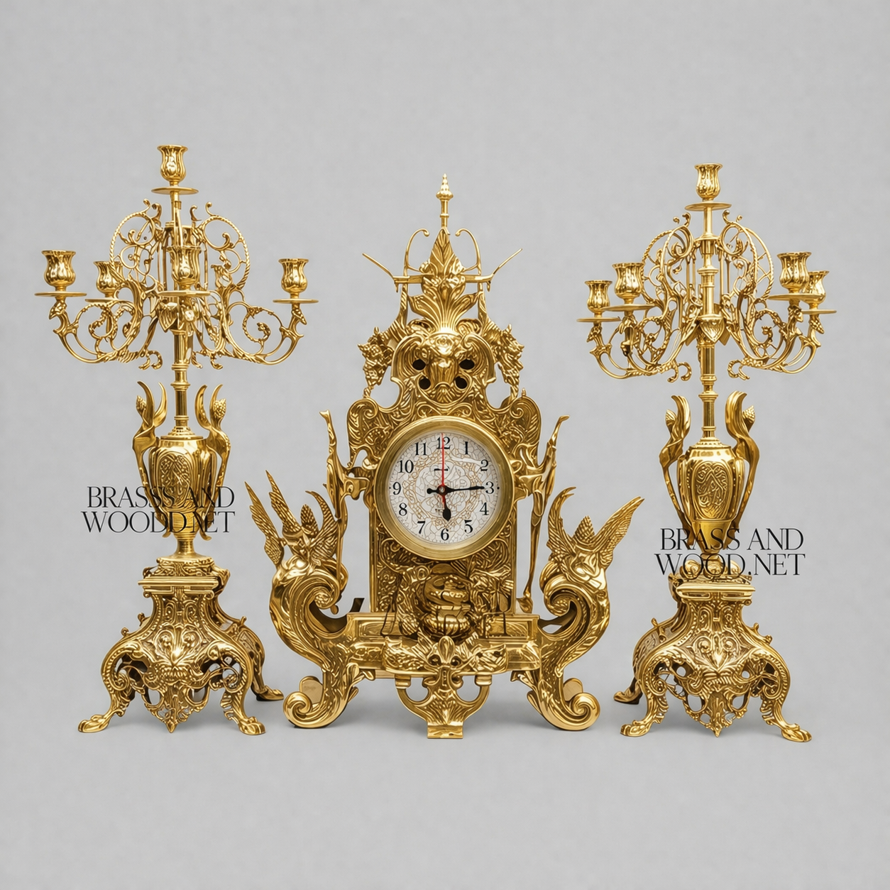 Baroque Brass Mantel Clock Garniture Set with Seven-Arm Candelabra — Griffin & Acanthus