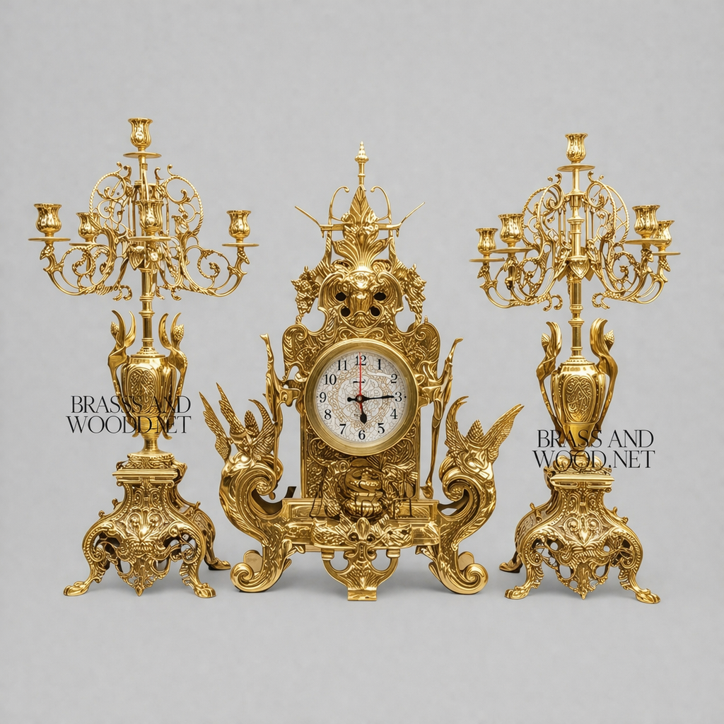 Baroque Brass Mantel Clock Garniture Set with Seven-Arm Candelabra — Griffin & Acanthus — Gold