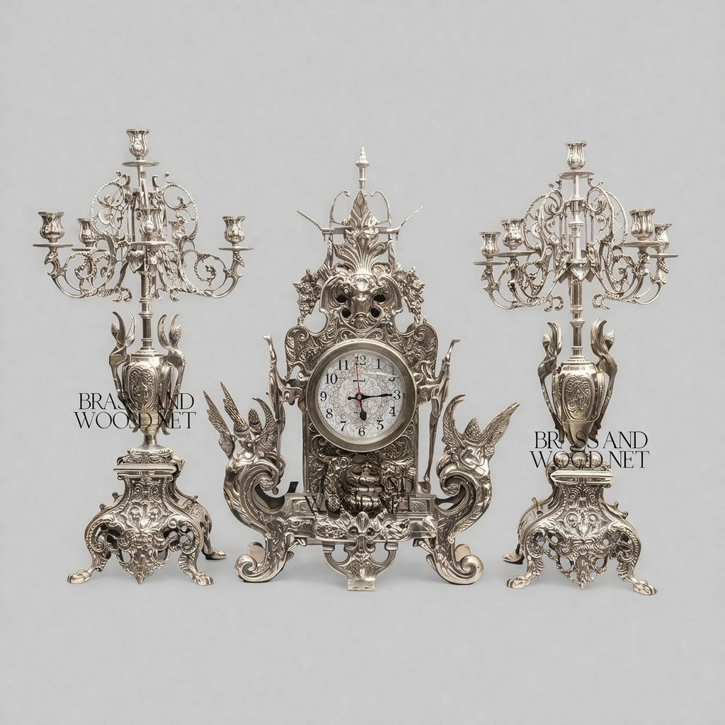 Baroque Brass Mantel Clock Garniture Set with Seven-Arm Candelabra — Griffin & Acanthus — Silver