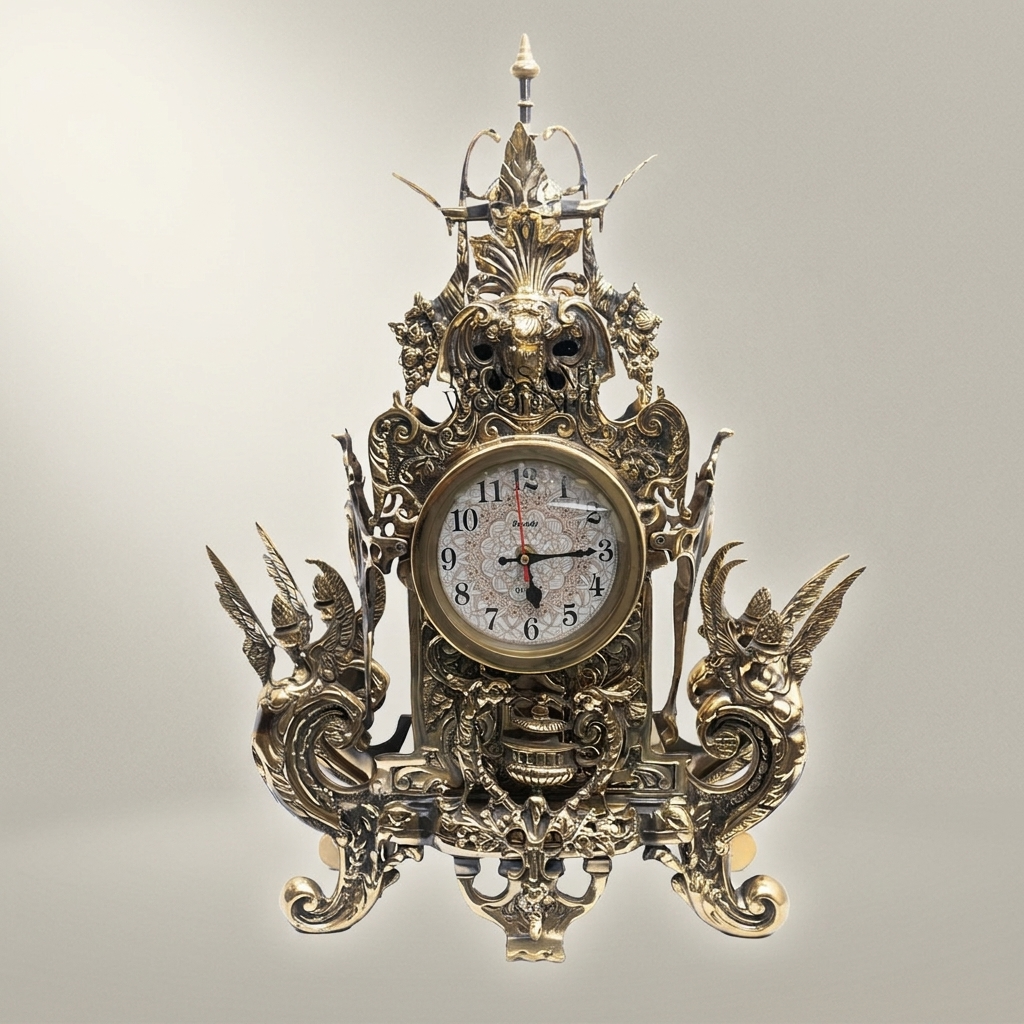 Baroque Brass Mantel Clock Garniture Set with Seven-Arm Candelabra — Griffin & Acanthus — Antique Gold