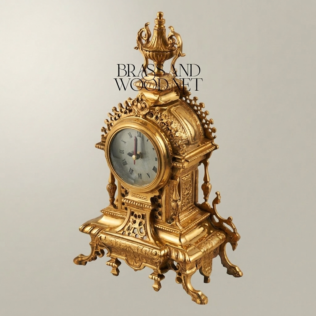 Baroque Brass Mantel Clock with Urn Finial & Pierced Acanthus Crown — Gold