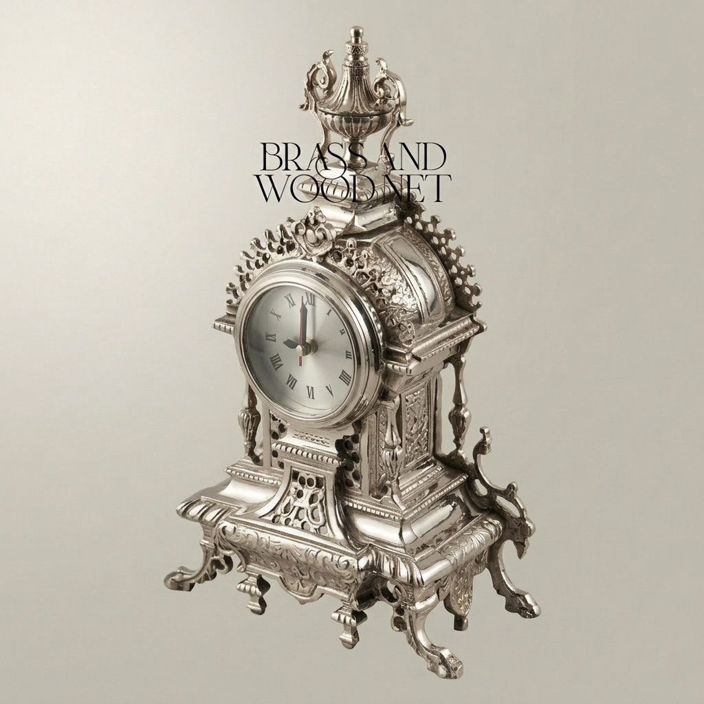 Baroque Brass Mantel Clock with Urn Finial & Pierced Acanthus Crown — Silver