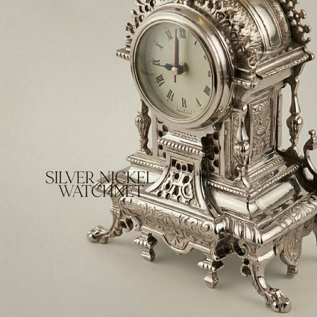 Baroque Brass Mantel Clock with Urn Finial & Pierced Acanthus Crown — Silver