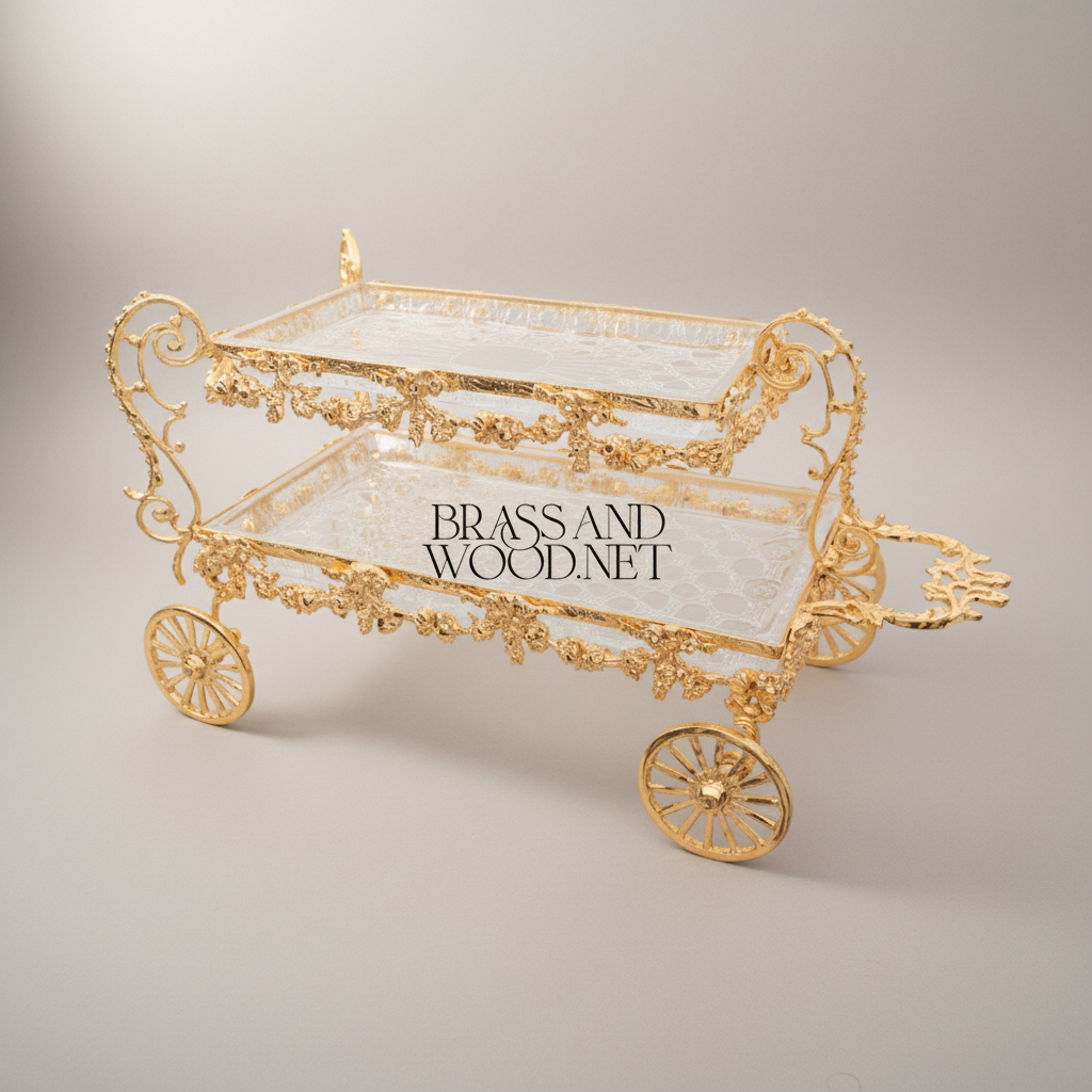 Baroque Brass Rolling Candy & Chocolate Trolley with Floral Garland Frame — Gold