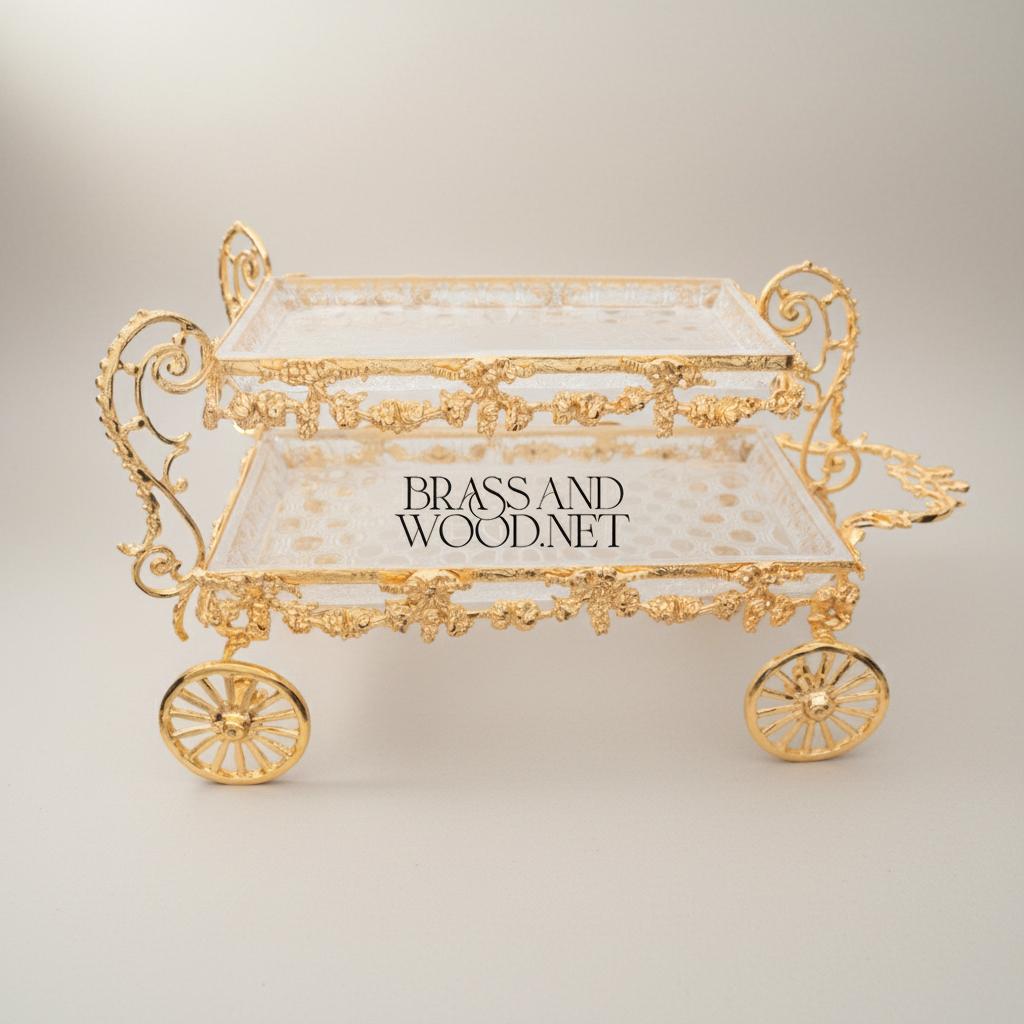 Baroque Brass Rolling Candy & Chocolate Trolley with Floral Garland Frame — Gold