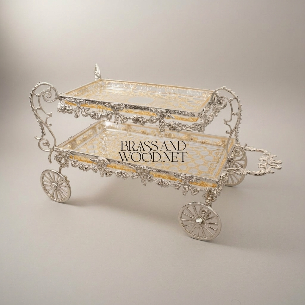 Baroque Brass Rolling Candy & Chocolate Trolley with Floral Garland Frame — Silver