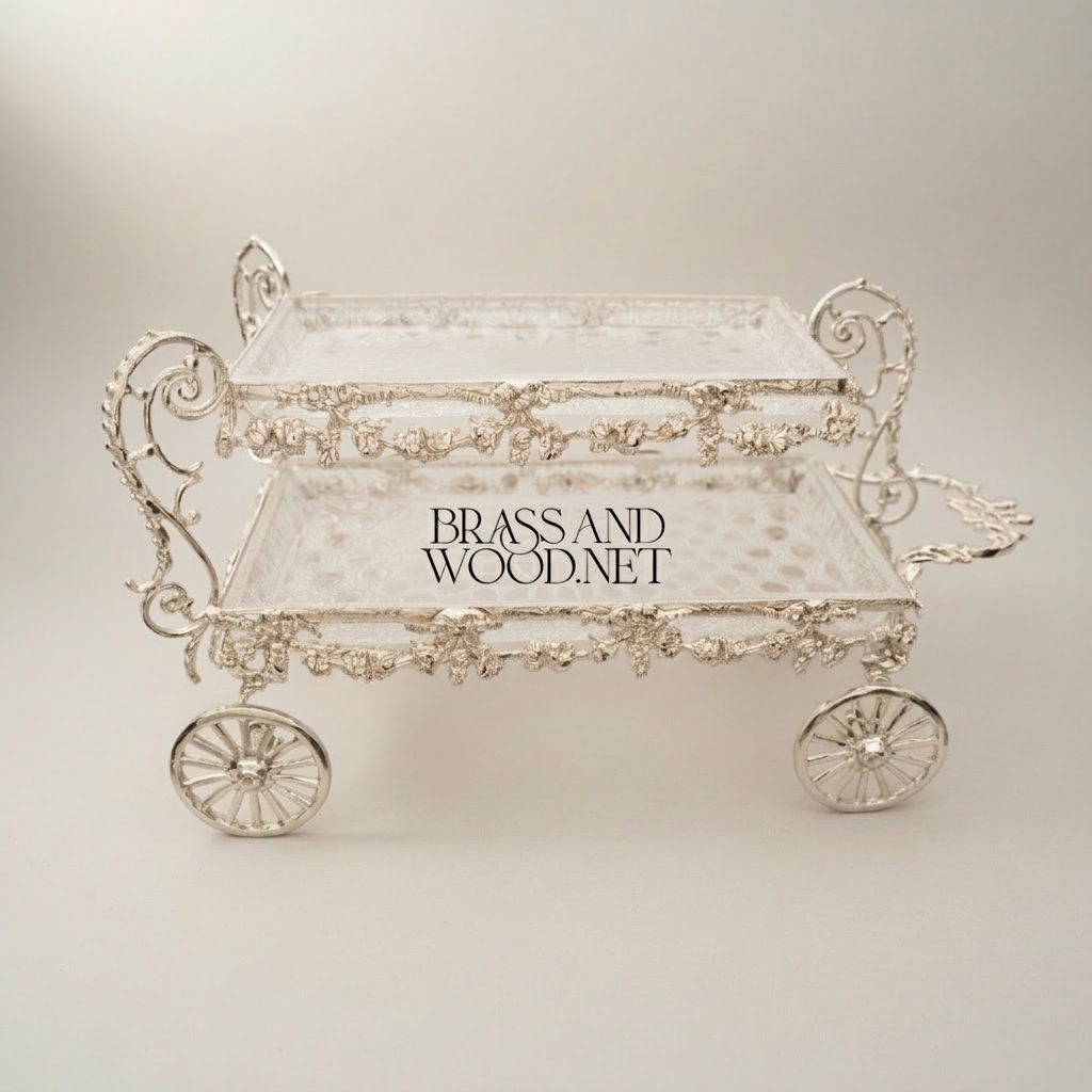Baroque Brass Rolling Candy & Chocolate Trolley with Floral Garland Frame — Silver