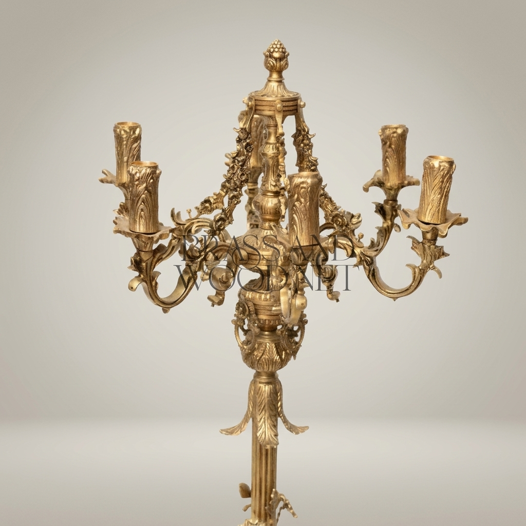 Baroque Brass Six-Arm Floor Candelabra with Floral Column & Claw-Foot Base — Antique Gold