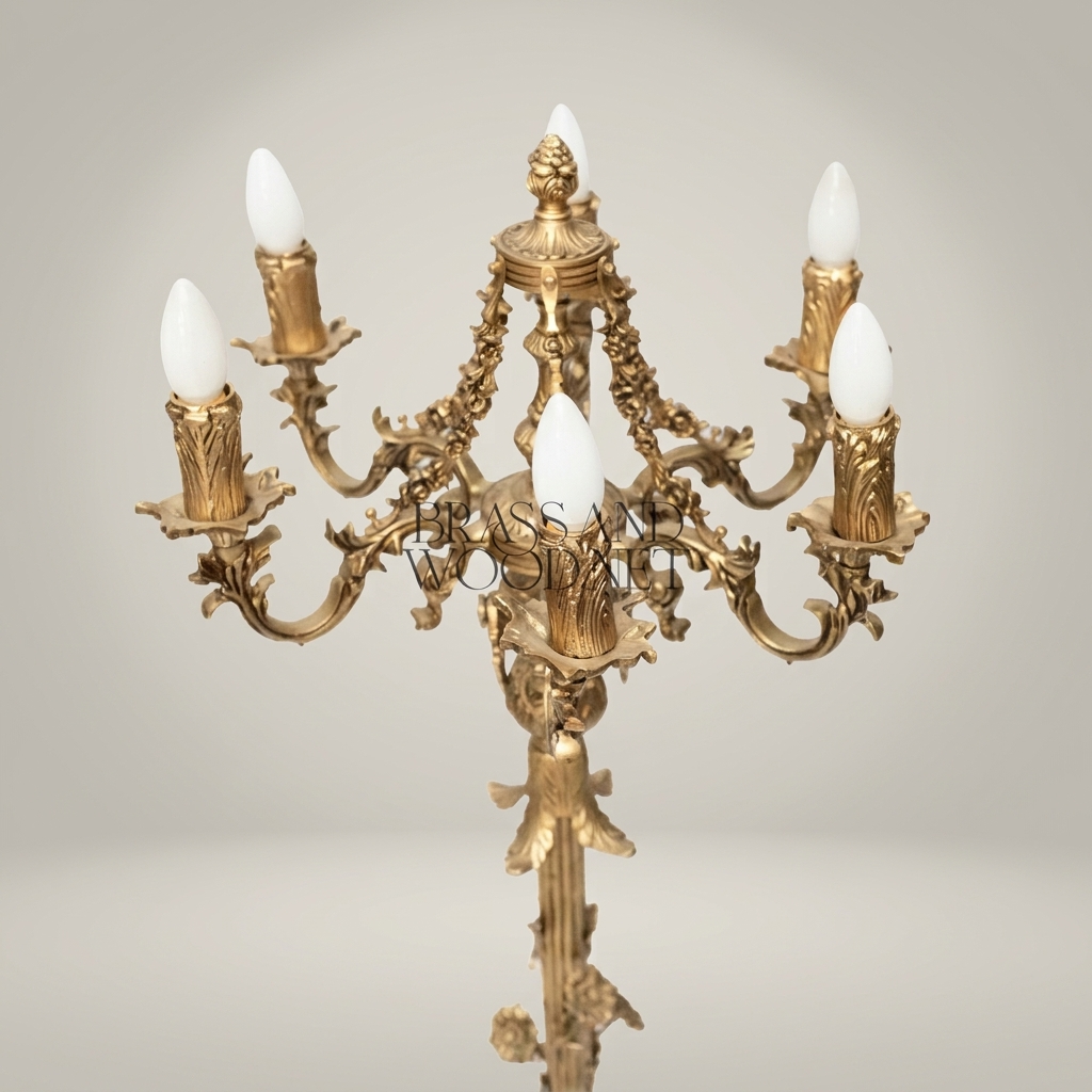 Baroque Brass Six-Arm Floor Candelabra with Floral Column & Claw-Foot Base — Antique Gold