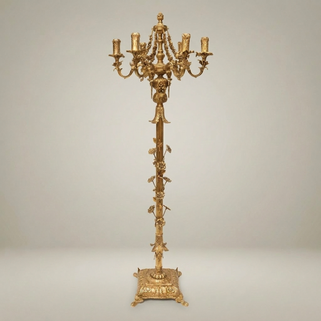 Baroque Brass Six-Arm Floor Candelabra with Floral Column & Claw-Foot Base