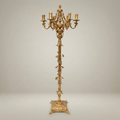 Baroque Brass Six-Arm Floor Candelabra with Floral Column & Claw-Foot Base — Gold