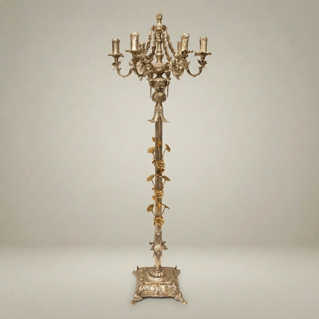 Baroque Brass Six-Arm Floor Candelabra with Floral Column & Claw-Foot Base — Silver