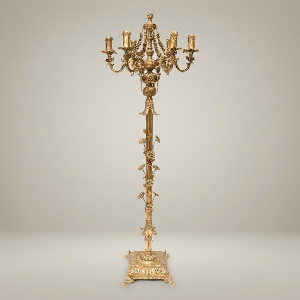 Baroque Brass Six-Arm Floor Candelabra with Floral Column & Claw-Foot Base — Antique Gold