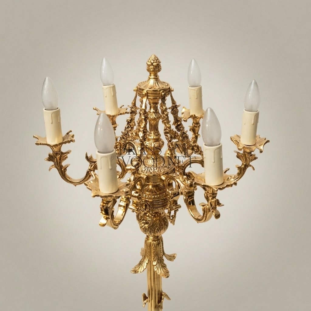 Baroque Brass Six-Arm Floor Candelabra with Floral Column & Claw-Foot Base