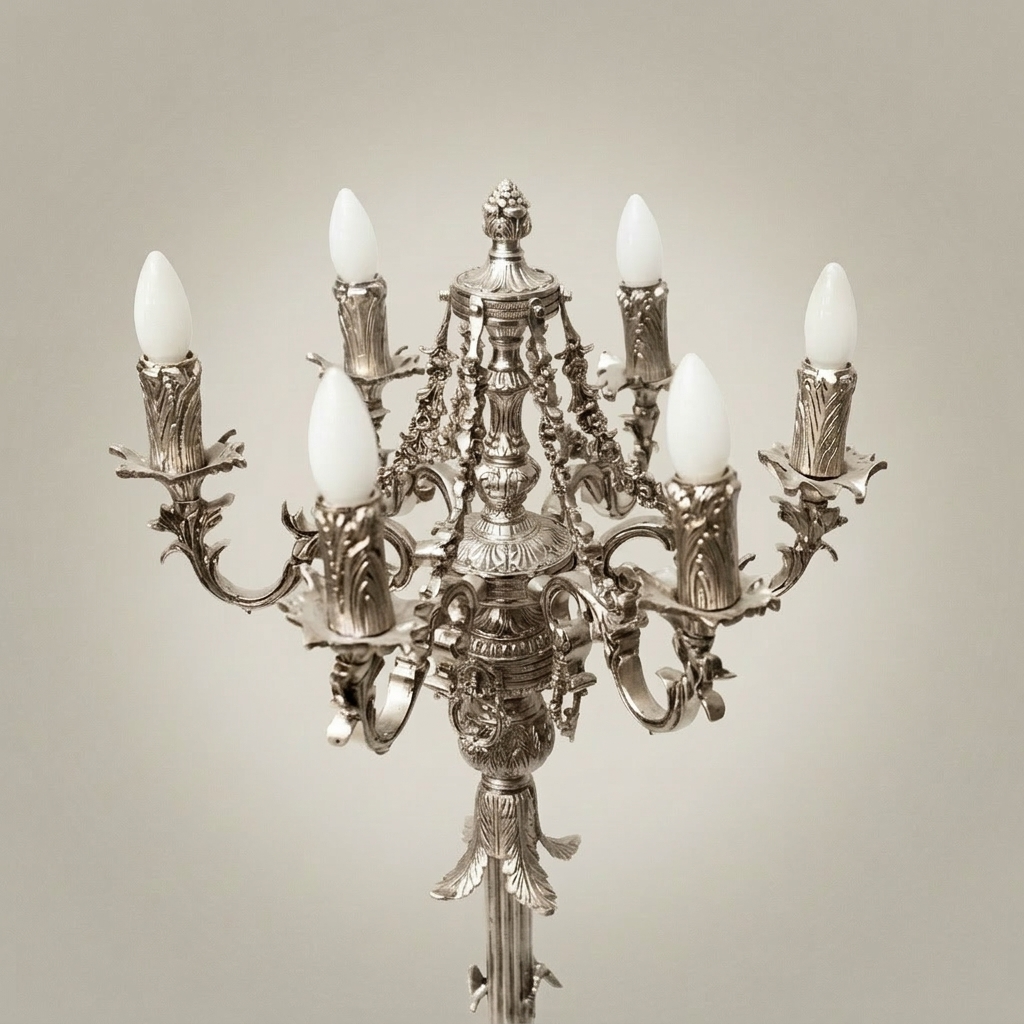 Baroque Brass Six-Arm Floor Candelabra with Floral Column & Claw-Foot Base — Silver
