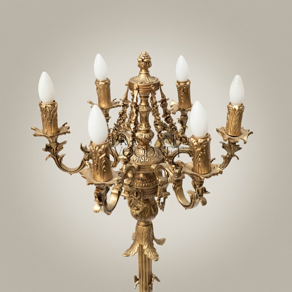Baroque Brass Six-Arm Floor Candelabra with Floral Column & Claw-Foot Base — Antique Gold