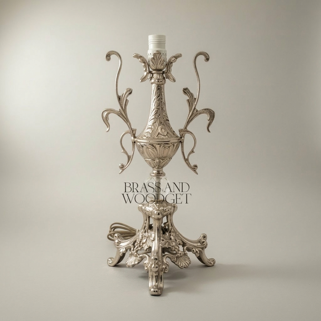Baroque Brass Table Lamp - Acanthus Urn Base with Crystal Sphere & Pleated Shade — Silver