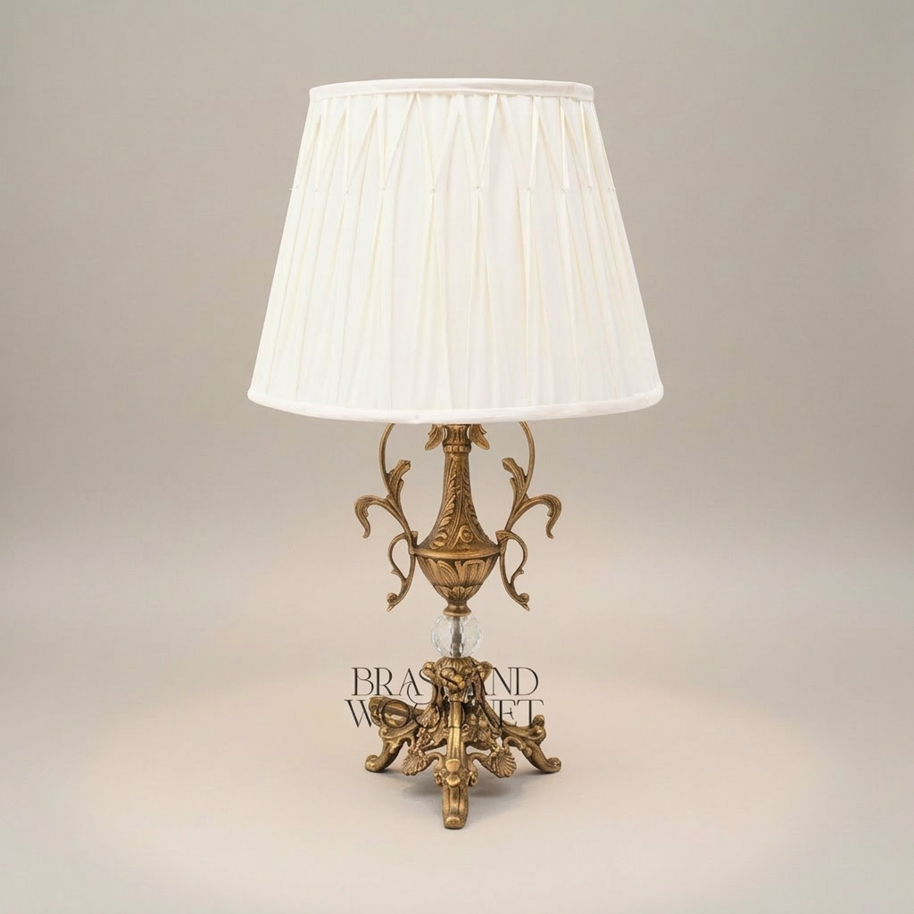 Baroque Brass Table Lamp - Acanthus Urn Base with Crystal Sphere & Pleated Shade