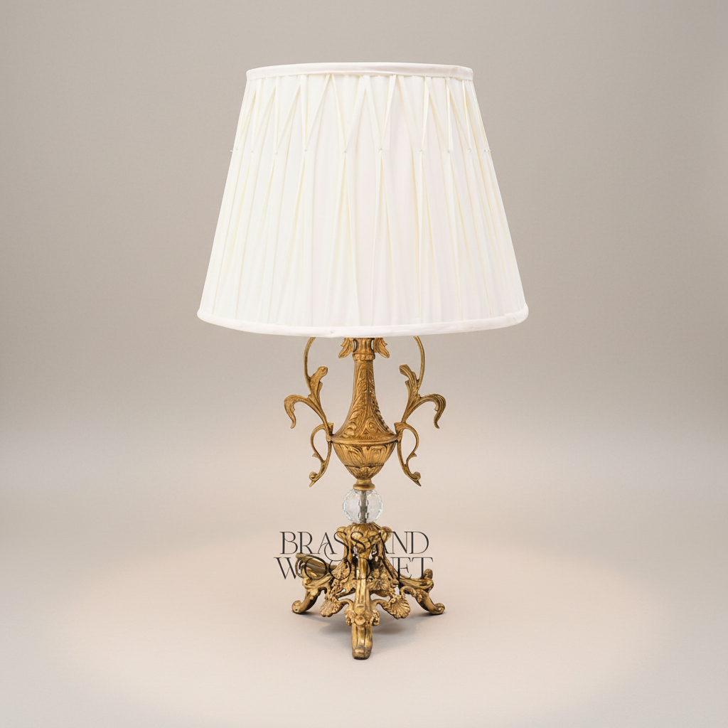 Baroque Brass Table Lamp - Acanthus Urn Base with Crystal Sphere & Pleated Shade — Gold