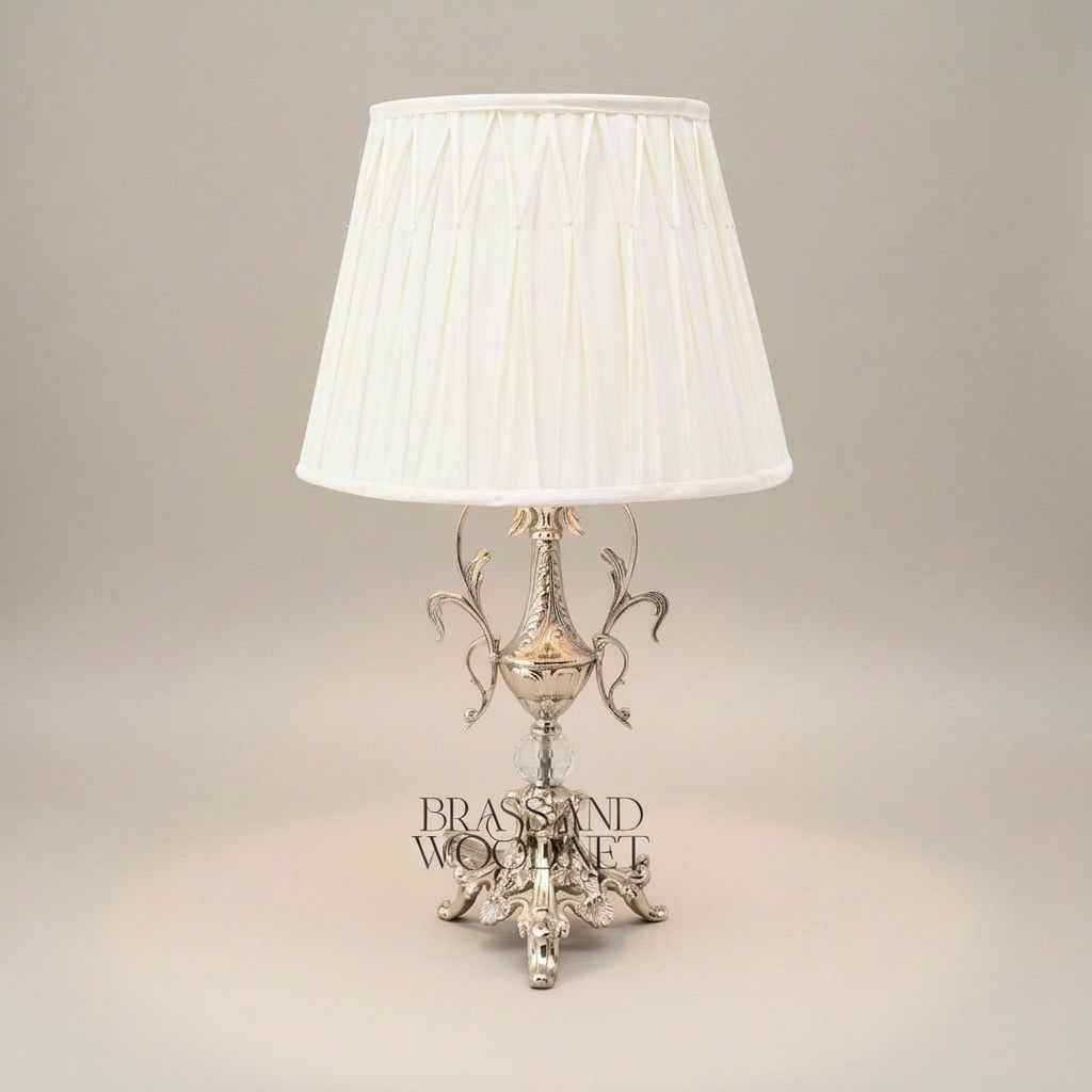 Baroque Brass Table Lamp - Acanthus Urn Base with Crystal Sphere & Pleated Shade — Silver