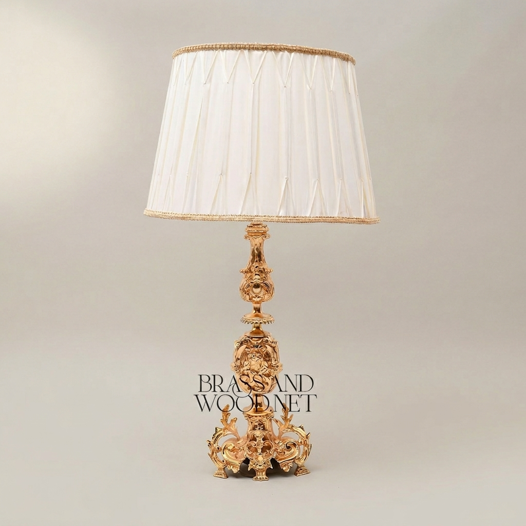 Baroque Brass Table Lamp - Lion Medallion Rococo Base with Pleated Shade — Gold