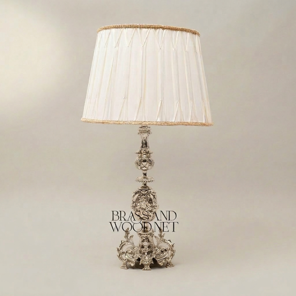 Baroque Brass Table Lamp - Lion Medallion Rococo Base with Pleated Shade — Silver