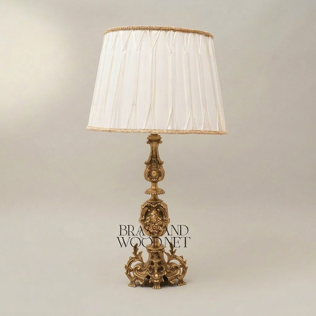 Baroque Brass Table Lamp - Lion Medallion Rococo Base with Pleated Shade — Antique Gold