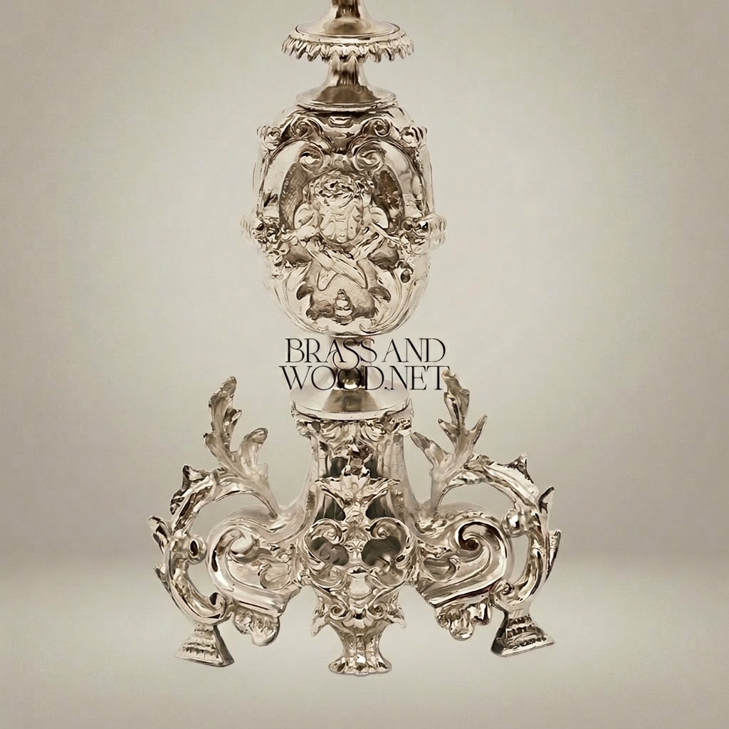 Baroque Brass Table Lamp - Lion Medallion Rococo Base with Pleated Shade — Silver