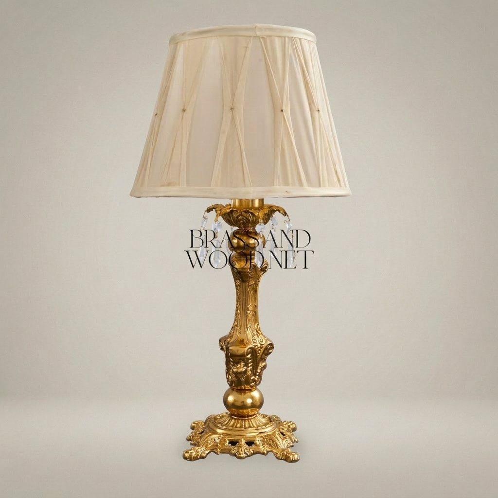 Baroque Brass Table Lamp - Ornate Candlestick Base with Pleated Fabric Shade — Gold