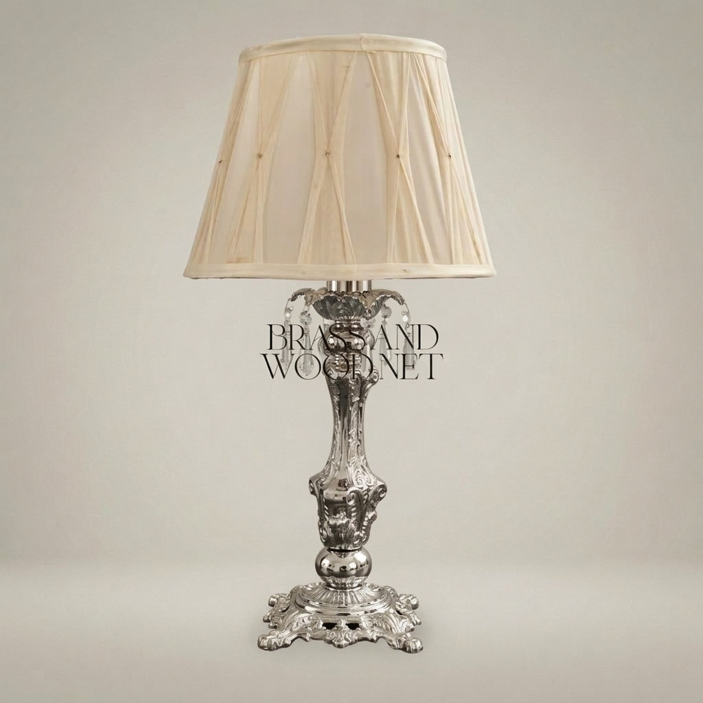 Baroque Brass Table Lamp - Ornate Candlestick Base with Pleated Fabric Shade — Silver