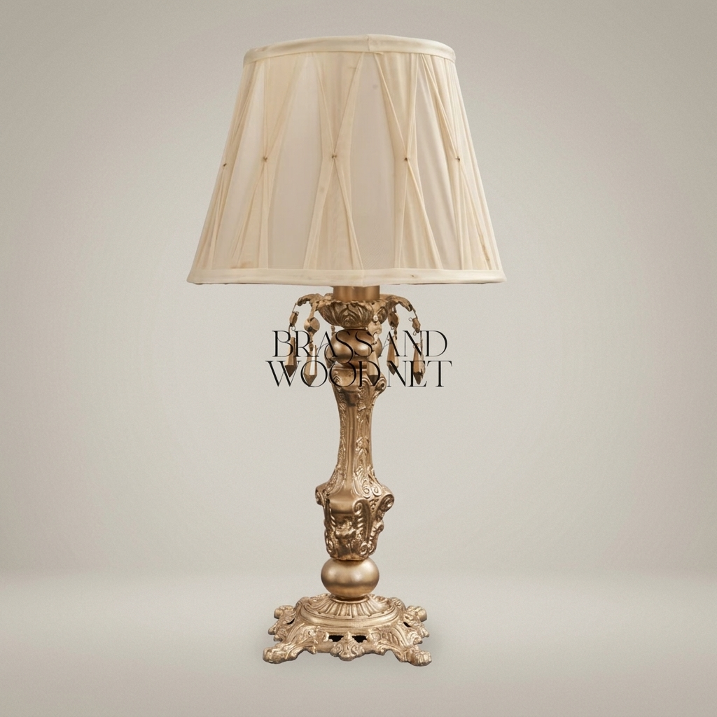 Baroque Brass Table Lamp - Ornate Candlestick Base with Pleated Fabric Shade — Antique Gold