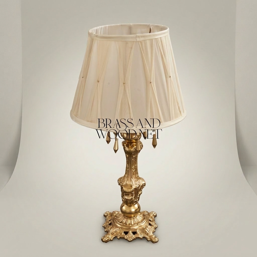 Baroque Brass Table Lamp - Ornate Candlestick Base with Pleated Fabric Shade — Gold