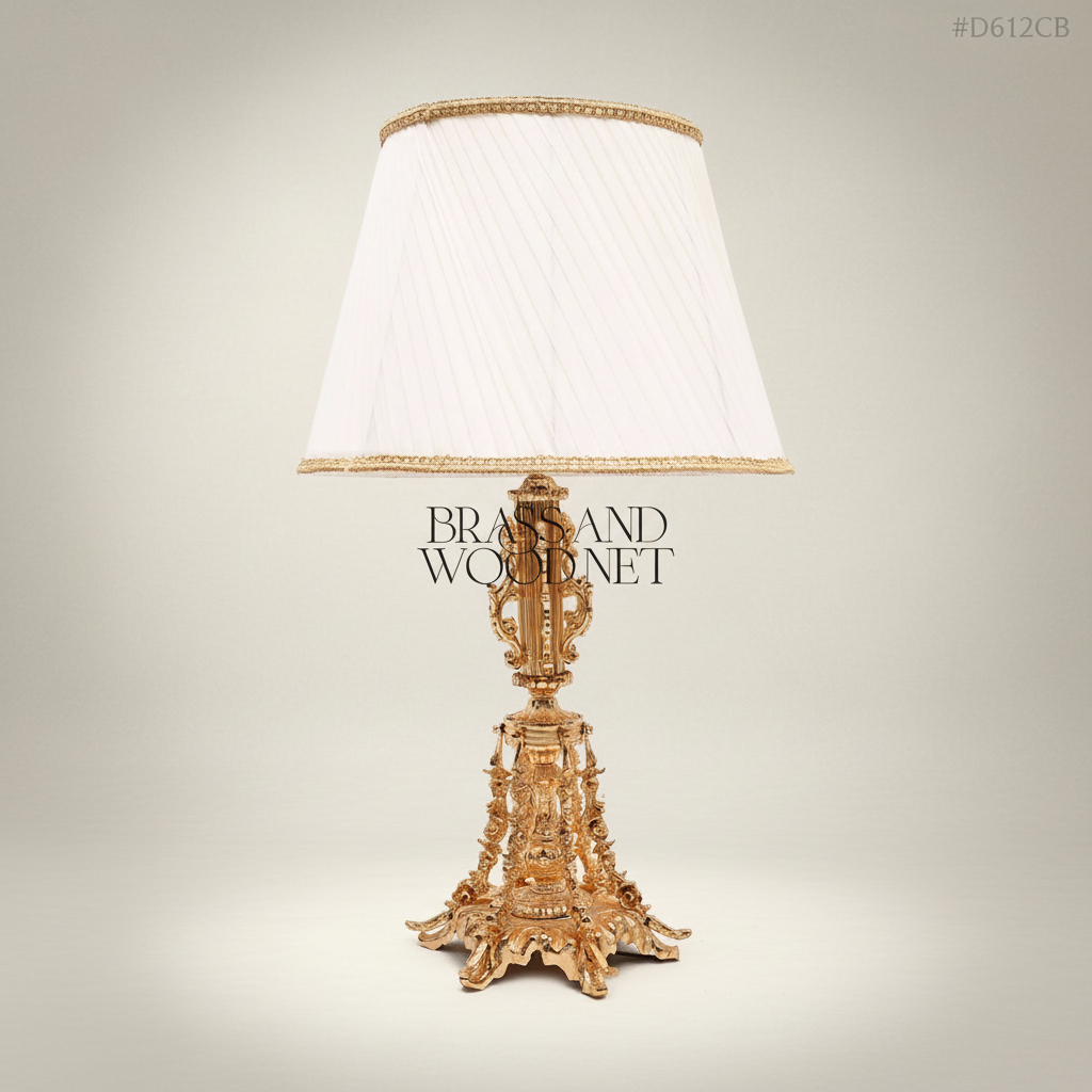 Baroque Brass Table Lamp - Ornate Scrollwork Column with Pleated Shade
